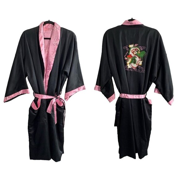 JAPANESE Women Reversible Robe One SZ Black Pink Embroidered Dragon Kimono 65-3 - Picture 1 of 13